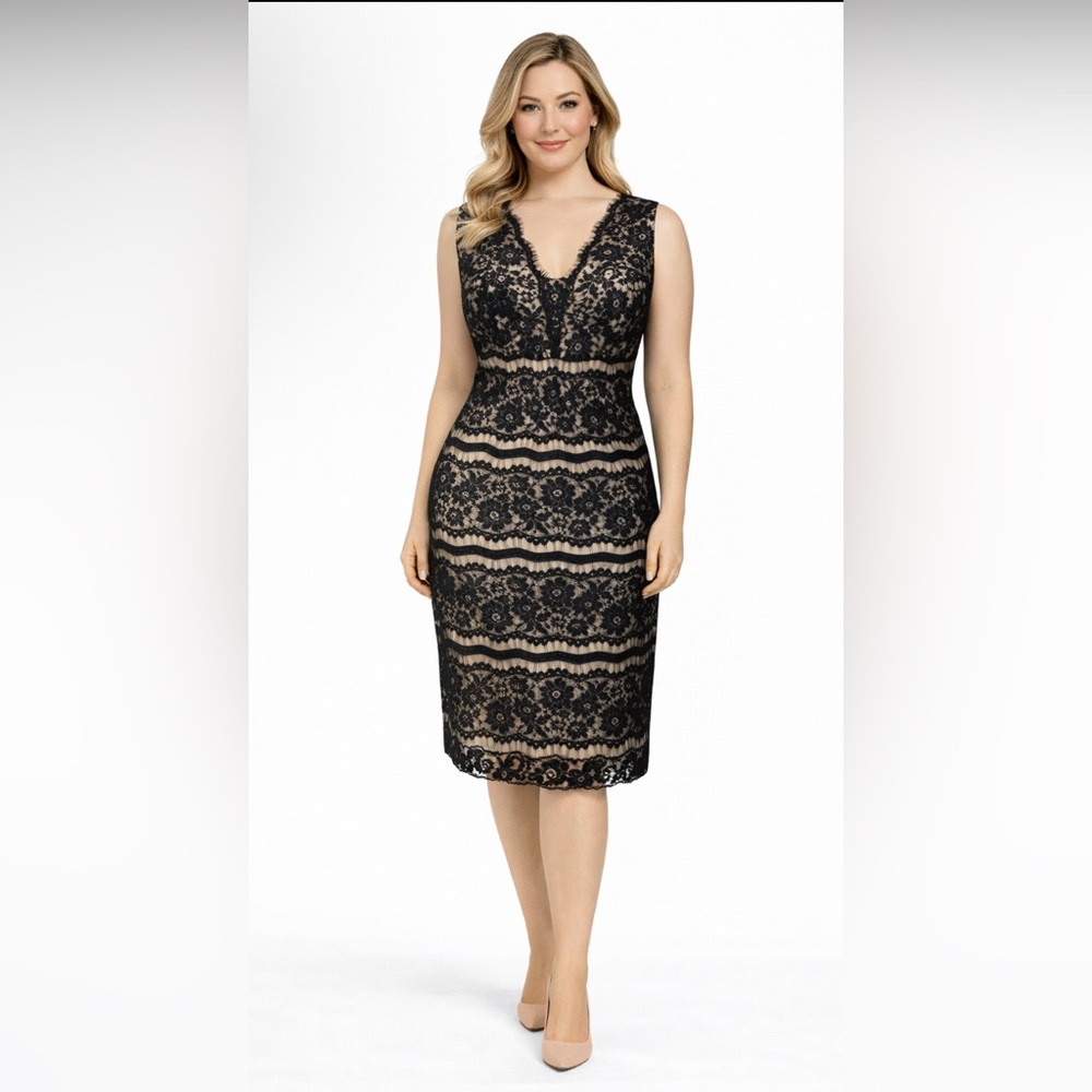 Talbots Sheath Dress 10 Black Tan Lace Sleeveless V Neck Back Date Party Wedding